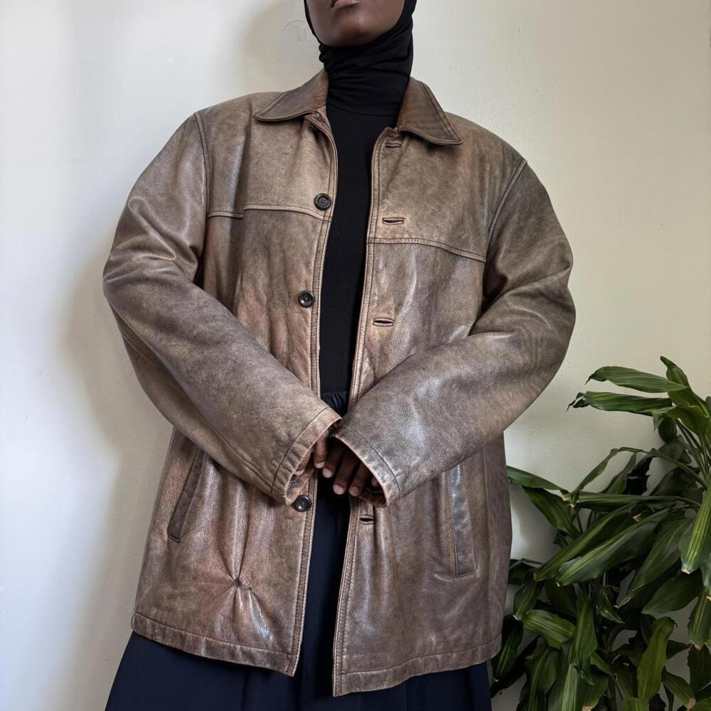 VINTAGE Distressed Earth Tone Leather Car Coat - Y2K Leather Limited Size LT - Picture 4 of 8